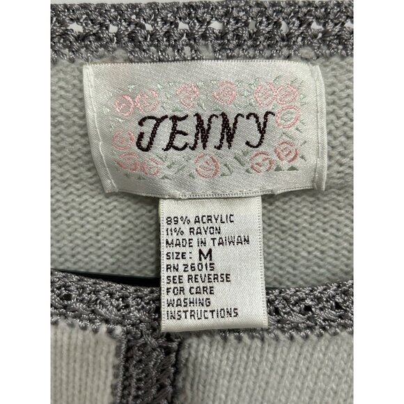 Vintage Jenny Patchwork Knit Sweater Floral Embroidery Gray White Size M - Picture 5 of 9